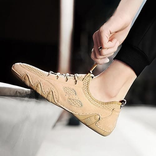 Casual Breathable Mesh Leather Sneakers for Men Walking Running Comfortable Slip On Shoes Spring Summer Autumn Daily Travel Beach, khaki, 7 UK — view 2