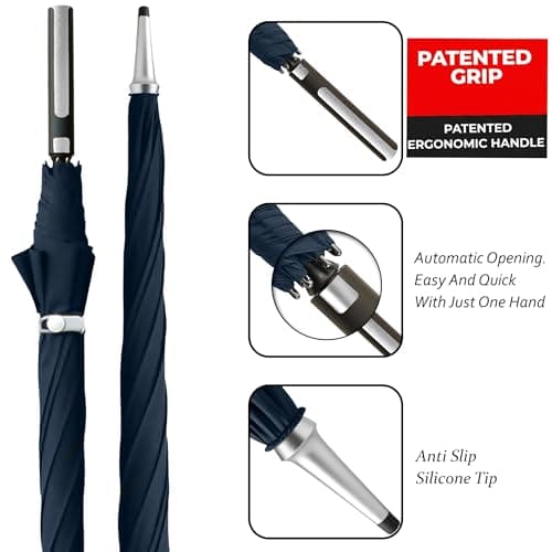 Navy Blue & Silver Windproof Umbrella, 122cm Large Canopy, Automatic Open — view 3