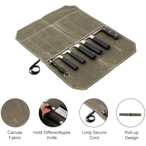 Knife Roll Bag, Portable 7 Slots Waxed Canvas Knife Bags, Cutlery Tool Roll Case Bag for Camping Hold Home Kitchen Tools, Easy Carry with Wrapping Strap, Superior Gift for Cooking Chef(COLOR:green) — view 4