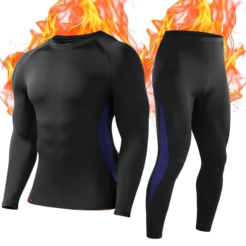 Roadbox Mens Thermal Underwear Fleece Lined Long Sleeve Tops & Tights Compression Running Base Layer for Gym Golf Training