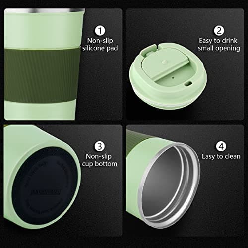 CS COSDDI Travel Mugs, Insulated Coffee Cup with Leakproof Lid - Reusable Coffee Cups Travel - Car Coffee Cup - Stainless Steel Coffee Mug for Hot and Cold Water and Tea (Olive Green, 380 ml) — view 4