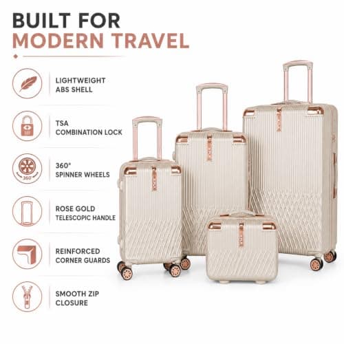 XPLR 4 Piece Hard Shell Luggage Set - Durable ABS Lightweight Suitcase - 14" 20" 24" 28" Cabin Carry On - TSA Lock - 360° Spinner Wheels - Rose Gold Trim & Vanity Case (Champagne Pearl) — view 3