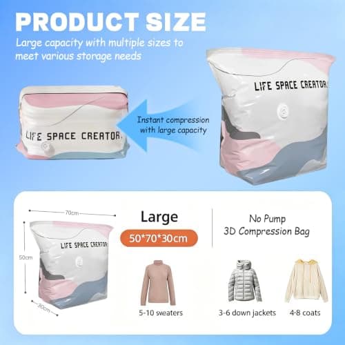 XQMMGO 2 Pack No Pump Vacuum Storage Bags, Large Cube Vacuum Pack Bags for Clothes and Duvets, Space Saver Compression Bags for Travel, Wardrobe and Under Bed Storage (70x50x30cm) — view 2