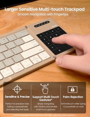 Nillkin Foldable Bluetooth Keyboard Folding with Touchpad & Number Pad, Portable Wireless Full Size Travel Keyboard with Trackpad for PC Laptop iPad Tablets Smartphone, Silicone Leather Cover, Khaki — view 5