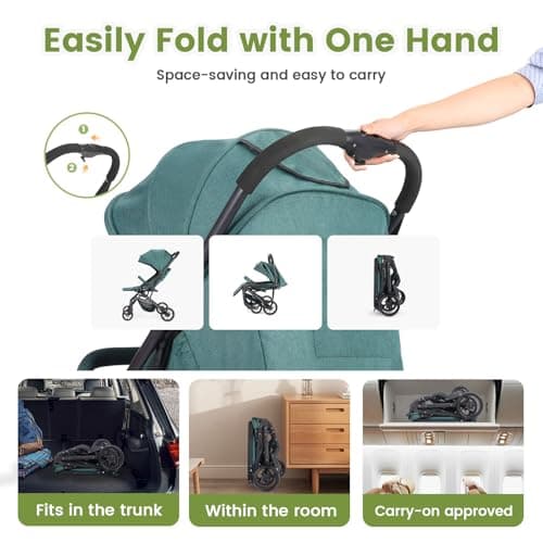 Convenience Baby Stroller – Lightweight & Compact Travel Umbrella Stroller, Quick One-Hand Fold, Lockable Rear Wheels, Adjustable Canopy, 5-Point Safety Harness & Shopping Basket (Dark Green) — view 6