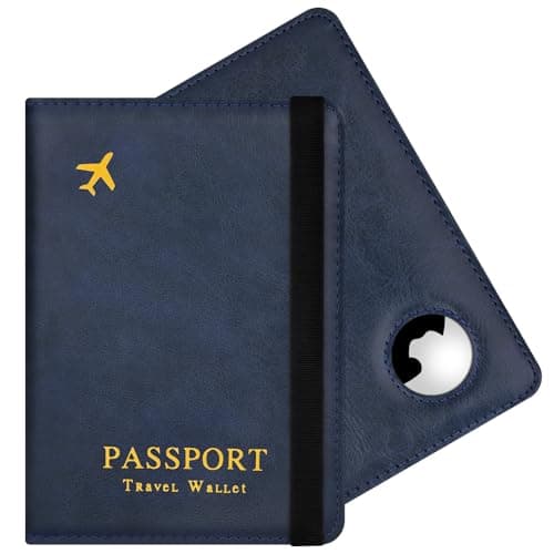 AOOSU Airtag Wallet Passport Holder Cover, PU Leather Passport Cover with RFID Blocking Travel Wallet, Portable Universal Travel Wallets Case Organiser for Money, Boarding Passes, Cards Navy Blue