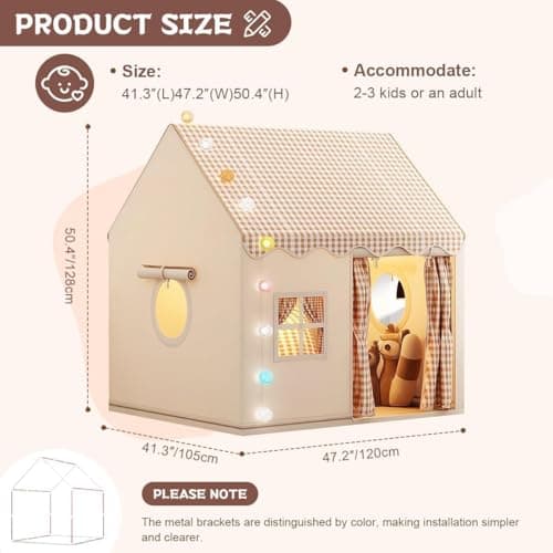 Kids Tent Playhouse with Star Lights and Tote Bags, Kids Play Tent Indoor & Outdoor, Washable Teepee Tent for Boys & Girls, Toy House for Toddler, Neutral Color Play Room Furniture (Beige-1) — view 3