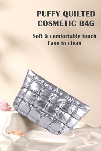 HFLZBRO Puffy Quilted Makeup Bag, Cosmetic Bag, Travel Toiletry Organizer Pouch, Clutch for Women (Silver) — view 6