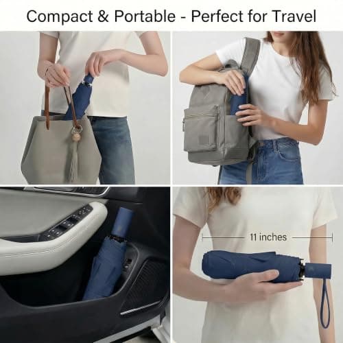 BAODINI Small UV Protection Travel Umbrella Compact for Rain and Sun UPF 50+ Windproof Portable 42 inch Umbrella for Women and Men Navy Blue — view 4