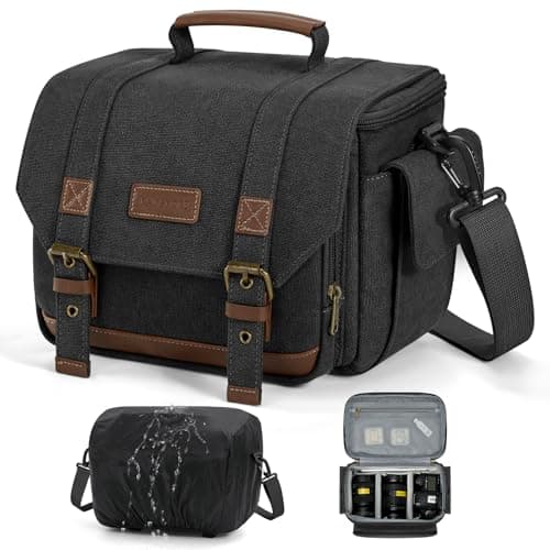 RAINSMORE Vintage Camera Sling Bag, Waterproof Canvas DSLR Mirrorless Crossbody Bag with 10mm Shockproof Padding, Rain Cover & Tripod Holder, Photography Shoulder Messenger Bag for Men Women Black