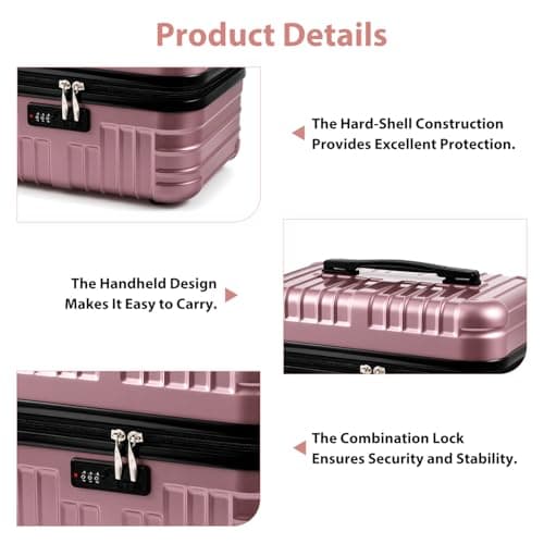 FERNVALE 2-Pack Travel Suitcase Cosmetic Box Lightweight Portable Makeup Case Retro Hand Luggage Organizer Small Carry On Boarding Travel Case with Password Lock for Business Trip Vacation Rose Gold — view 3