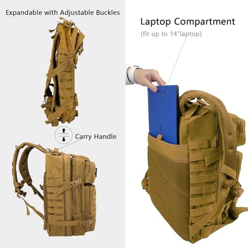 WOLT | Tactical Backpack for Men 45L Military Backpack Large 3 Day Molle Assault Pack Rucking Backpack for Survival Hiking, Khaki — view 5
