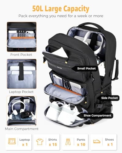 Ponhog Travel Backpack for Men - 50L Convertible Duffle Bag with Shoe Compartment, Carry On Laptop Backpack with USB Charging Port, Hiking Backpack Gym Daypack Water Resistant Rucksack,Black — view 2