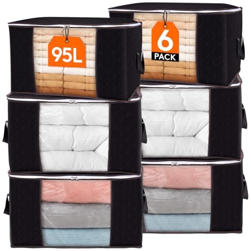 Lifewit 95L Clothes Storage Bags Large Storage Box With Lid Packing Boxes for Moving House With Reinforced Handle Thick Fabric Clear Window for Clothes Duvet Blankets Bedding, 6 Pack, Black