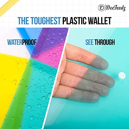 DocFeedz Plastic Wallets A4-10 Pack Waterproof Plastic Folders for Documents 33.2 x 23.4 cm - 5 Assorted Colours Popper Wallet A4 with Snap Button and Label for Home, Office, School and Travel — view 5