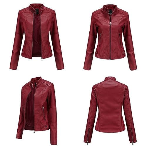 Faux Leather Jacket For Women Zip Up Moto Biker Classic Short Coat Slim Fit Long Sleeve Solid Color Stand Up Collar Women's Coat Lightweight Waterproof Jacket with Zipper Pocket — view 4
