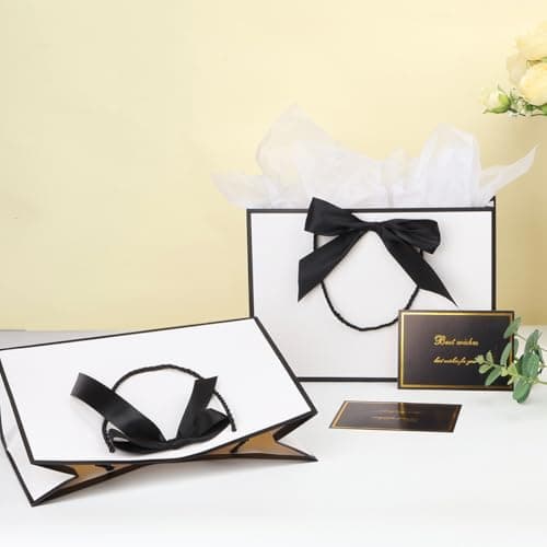 Medium Gift Bags wit Tissue Paper and Gift Cards for Present,3Pcs Paper Bags with Handles for Girls Womens Men Birthday Party Christmas Wedding Thank You,Any Occation (White&Black) — view 3