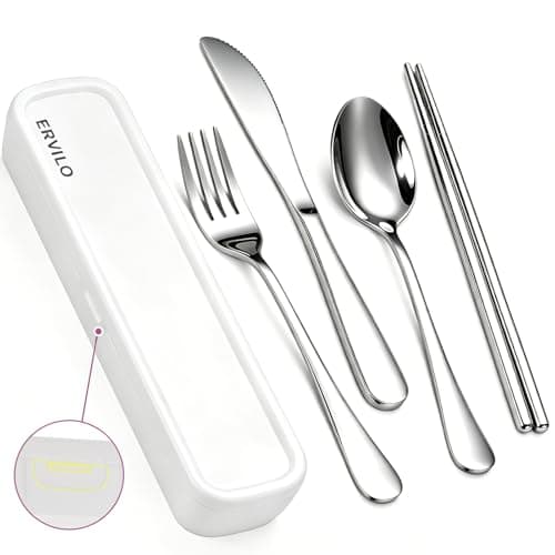 Travel Cutlery Set with Case, Stainless Steel Camping Utensils, Reinforced Case with Snap-Lock Closure, Include Fork Spoon Knife Chopsticks, Portable Lunch Box Silverware for Picnic Office, Silver