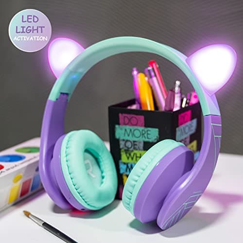 PowerLocus Bluetooth Headphones for Kids, Kids Wireless Headphones Cat Ear LED Light Up, Foldable Volume Limited Headphone with Microphone Wireless/Wired Headset with Micro SD/TF for Phones/PC/iPad — view 2