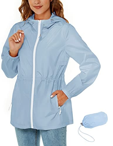 Rapbin Rain Coats for Women Waterproof Jackets Lightweight Quick Dry Packable Hood Raincoat Windbreaker with Zipper Pockets Sky Blue XXL