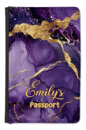 EnvyFone Personalised Passport Cover - Purple and Gold Marble - Travel Holiday Document Holder - Ladies Womans Girls Gift