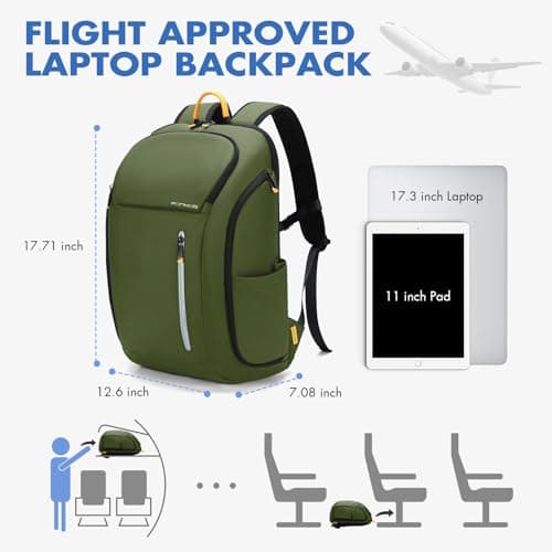 Ponhog Mens Backpack - 30L Large Capacity Laptop Rucksack for Men, 17.3 Inch Anti-Theft Business Bag with USB Port & Multiple Pockets, Durable 900D Nylon for Work/Travel/College, Green — view 3