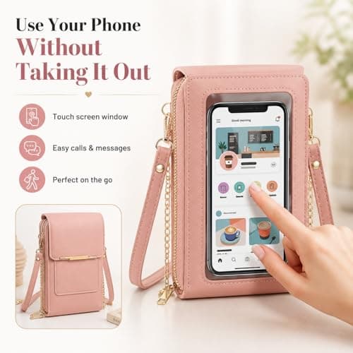 WstaIutno Women's Touch Screen Mobile Phone Messenger Bag, Touchscreen Crossbody Phone Wallet, Anti-Theft Leather Bag with Blocking Card Slots (Beige) — view 2