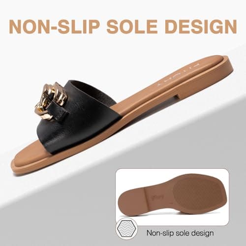FITORY Women Flat Sandals Slip On Leather Slide Summer Dark Black Size 6 — view 3
