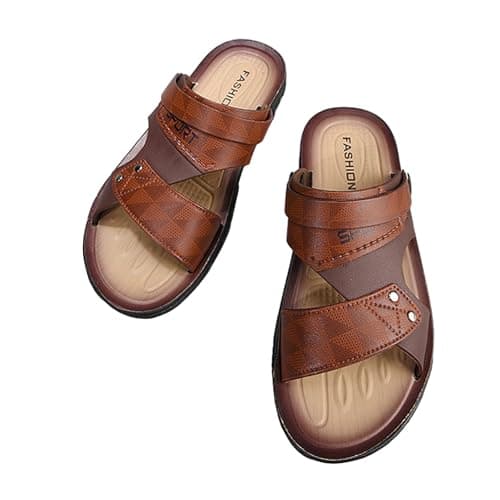 Mens Wide Fit Walking Sandals Leather Open Toe Sliders Flat Beach Shoes Back Strap Casual Hiking Outdoor Breathable Lightweight ArchSupport Orthopedic Slipper (Brown, 9)