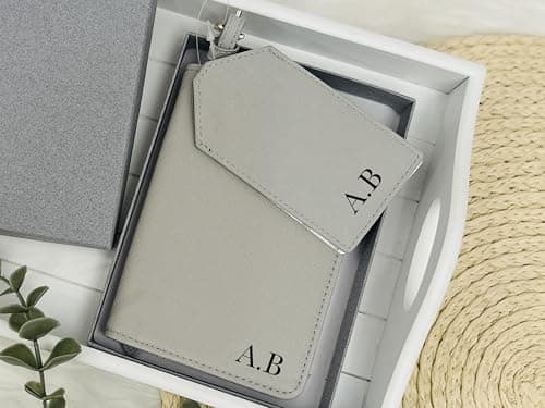 Daytripper Personalised Passport Holder & Luggage Tag, Custom Initials, Leather Luggage Set, Travel Essentials, Honeymoon, Newly Weds, Passport Cover, Travel Wallet (Oyster) — view 3