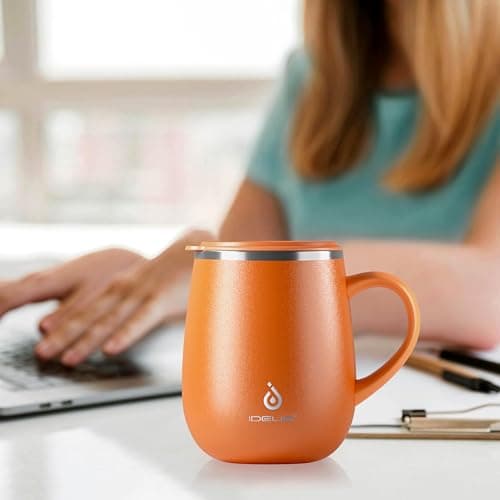 Ideus 460ml Insulated Coffee Mug with Lid and Handle (Orange 2.0) — view 6