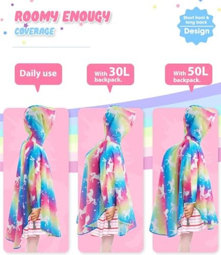 WAWSAM Kids Poncho Waterproof - Rainbow Unicorn Rain Poncho for Girls - Lightweight Hooded Raincoat with Storage Bag - Portable Rainwear for School & Travel — view 3