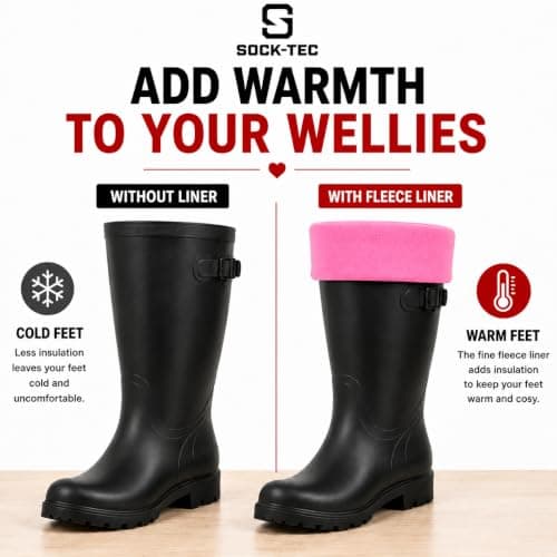 Womens Fleece Welly Socks Thermal Wellington Boot Liners Size 4-7 (Pink) — view 3