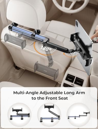 TRYONE Headrest Tablet Holder for Car Accessories : [18.11-inch Long Arm] 3-in-1 Backseat Tablet Holder for Kids Road Trip Compatible with iPad Switch Smartphones & Tablets or Other 4.7-13" Devices — view 5