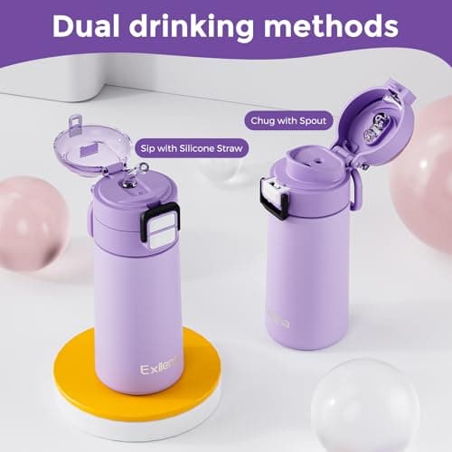 Exllena Small Insulated Water Bottle 400ml with Pop-Open Soft Straw & Spout 2-in-1 Lid, Kids Insulated Water Bottle Leak Proof for Cold&Hot Drinks, BPA-Free, Ideal for School, Handbag, Sport(Lavender) — view 4