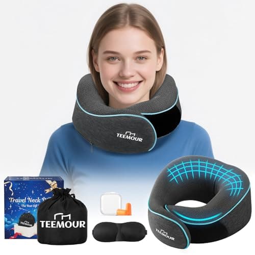 Travel Pillow for Adults,Memory Foam Airplane Pillow with 360 Neck Support, Includes Storage Bag, Eye Mask, Ear Plugs, Adjustable Travel Pillow for Long Flights,Train,Car & Business Trips(Dark Grey)