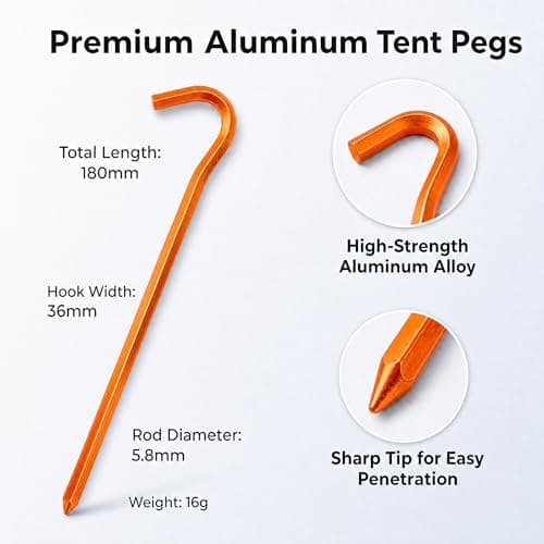 Tent Pegs Metal Heavy Duty 8-Pack, 18cm Hard Ground Tent Pegs Heavy Duty for Hard Ground, Aluminium Alloy Hexagonal Camping Pegs for Outdoor Camping and Backpacking with Storage Bag - Black&Orange — view 2