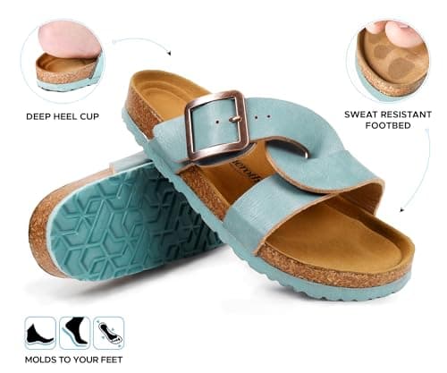 AEROTHOTIC Cork Recovery Slides for Women with Plantar Fasciitis Relief Comfortable Suede Footbed with Adjustable Buckle Cross Strappy Slip on Casual Travel Walking Beach Ladies Sandals, Kai Turquoise — view 3