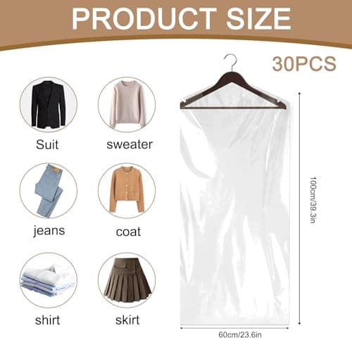 Plastic Garment Bags, 30 Pack Dry Cleaning Bags, Clear Clothes Covers, Dust Proof Garment Protector Covers, Garment Bags, Clear Plastic Clothes Covers for Clothes Shirt Jacket Suit(60 x 100cm) — view 2