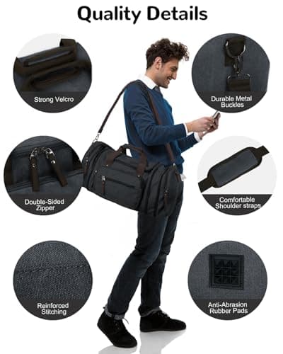 Outplea 40L Canvas Holdall for Men, Expandable Travel Duffle Bag, Vintage Weekend Bag Hand Luggage for Overnight Hospital Holiday, Black — view 4