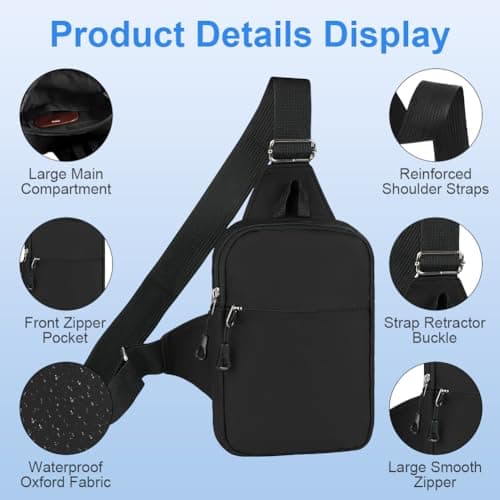 HOTUT Small Sling Bag,Waterproof Chest Bag for Men and Women,Mini Crossbody Shoulder Backpack with Zipper and Adjustable Strap for Travel,Hiking,Cycling,Camping,Outdoor Sports(Black) — view 4