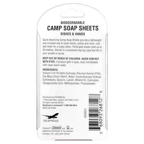 Coleman Camp Soap Sheets – 25 Travel Soap Sheets for Camping, Hiking & Backpacking – Perforated for 50 Washes, Dissolves Instantly in Hot or Cold Water, TSA-Approved for Travel — view 2