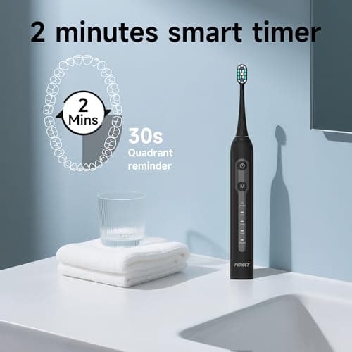 PERECT Electric Toothbrush for Adults, Rechargeable Sonic Toothbrush Travel-Ready Kit with Travel Case, 6 Replacement Brush Heads, 5 Modes 3 Intensities, 2-Minute Smart Timer, IPX7 Waterproof, Black — view 6