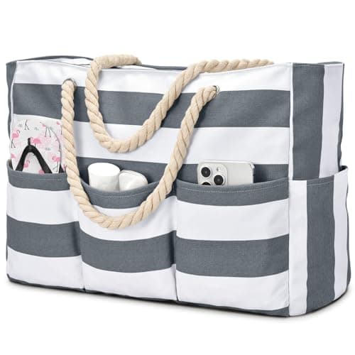oscaurt Extra Large Beach Tote Bag with Zip and Rope Waterproof Handbags for Women 7 Pockets Shoulder Gym Bag Summer Holiday Essentials Gifts for Women Picnics Short Trips Study Saunas