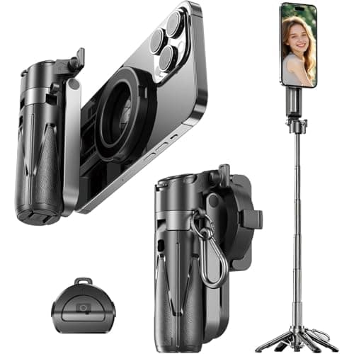 Mini Magnetic Selfie Stick, 4-in-1 Magsafe Foldable Phone Stand Holder, with Wireless Remote & Removable Phone Clip&Hand Grip Mode,18.7" Extendable iPhone Tripod for Vlogging&Live Streaming