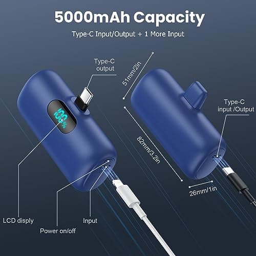 Feob Power Bank USB C 5000mAh,15W PD 3.0A Fast Charging Portable Charger Mini Power Bank LCD Display Battery Pack Compatible with iPhone 17/16/15 Series, Samsung/Note/Moto/LG/Pixel/Nexus etc - Blue — view 4