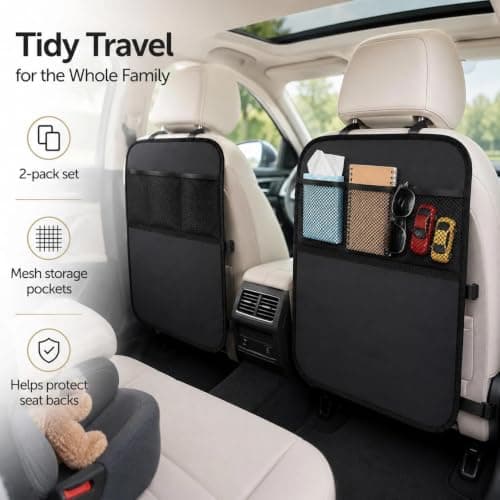 Plumaire 2 Pcs Car Seat Back Protector Set, 60 x 45 cm Rear Seat Protector with Support Cushion, 3 Storage Mesh Pockets and Adjustable Straps, Waterproof and Stain-Resistant (Black) — view 3