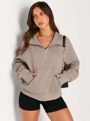 LILLUSORY Womens Loose Fit Sweatshirts Cropped Half Zip Tops Coffee Grey XL — view 3