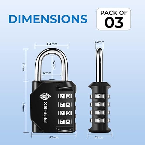 XShield 4-Digit Combination Padlock | Heavy-Duty Keyless Lock with 10,000 Code Options | Weather-Resistant Alloy Body | Ideal for Lockers, Gates, Gym, Outdoor & Travel – Black (Pack of 3) — view 2