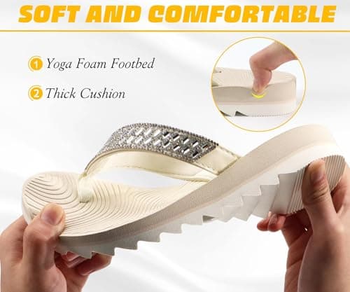KuaiLu Womens Orthotic Flip Flops with Arch Support Yoga Mat Cushion Fashion Rhinestone Sandals Summer Walking Beach Travel Thong Slides Comfy Plantar Fasciitis Outdoor Sandle Beige White 6.5 — view 5